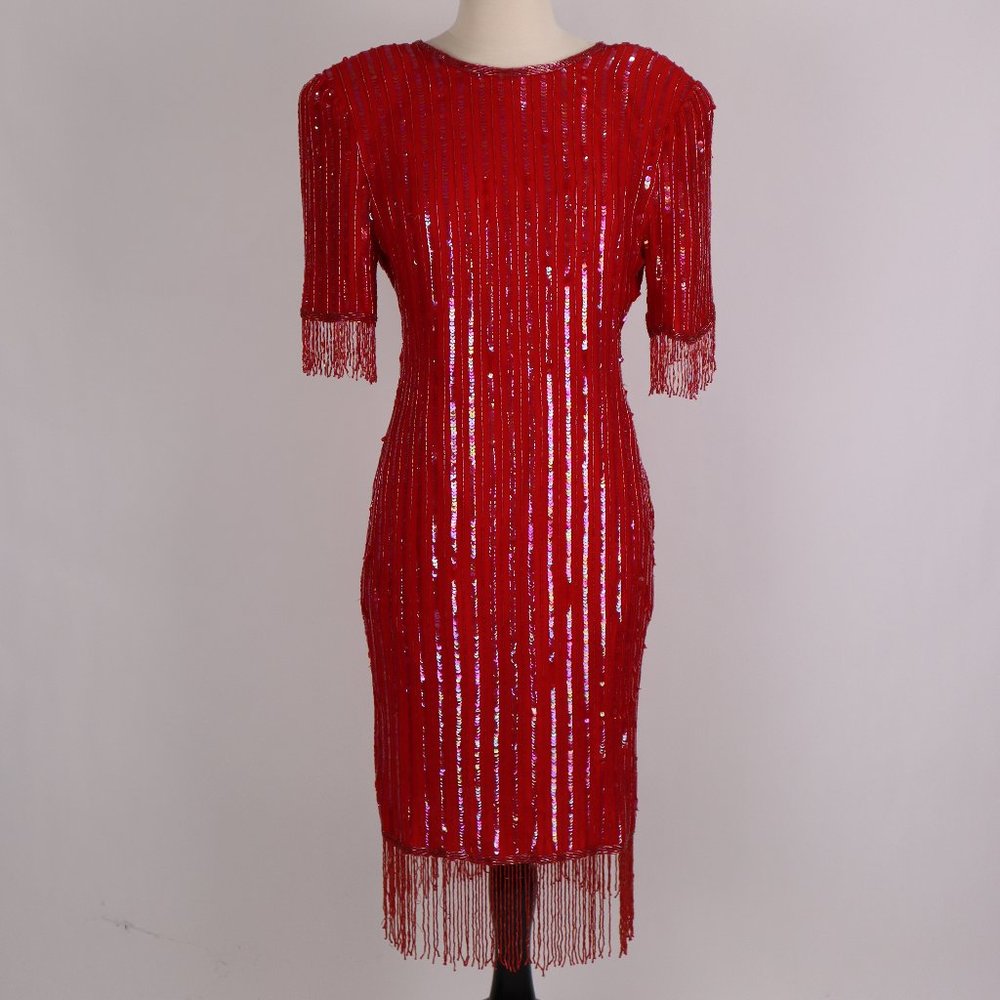 ❄️ Vtg Laurence Kazar Red Sequin Beaded Fringe Frapper Dress Gown Party Holiday
